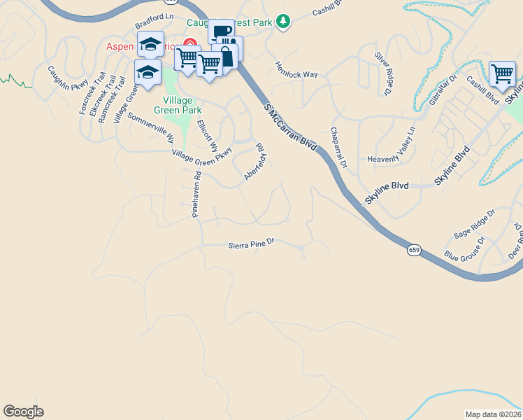 map of restaurants, bars, coffee shops, grocery stores, and more near 4890 Mountainshyre Road in Reno