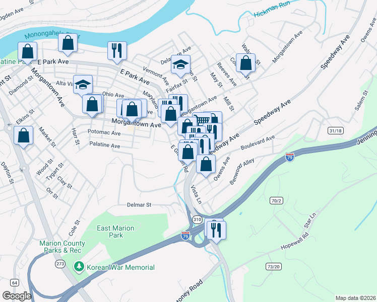 map of restaurants, bars, coffee shops, grocery stores, and more near 128 Grafton Road in Fairmont