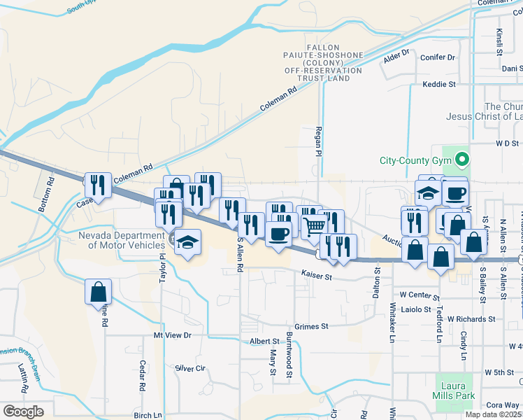 map of restaurants, bars, coffee shops, grocery stores, and more near 1825 Auction Road in Fallon