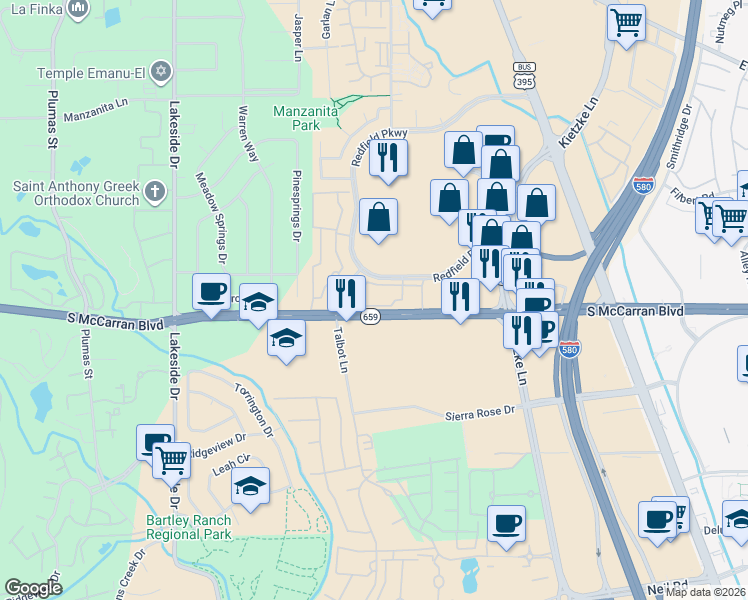 map of restaurants, bars, coffee shops, grocery stores, and more near 800 Redfield Parkway in Reno