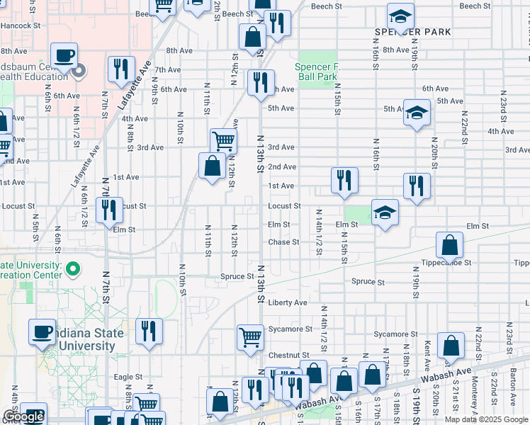 map of restaurants, bars, coffee shops, grocery stores, and more near in Terre Haute