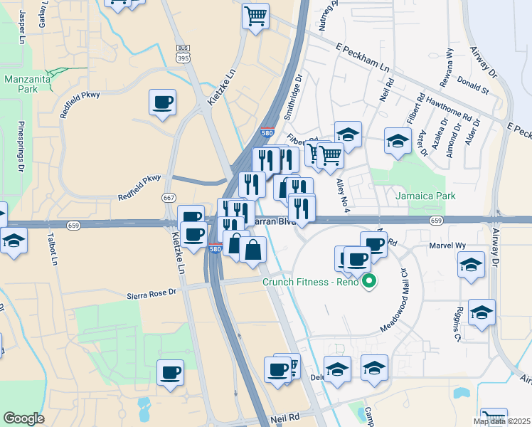 map of restaurants, bars, coffee shops, grocery stores, and more near 5261 South McCarran Boulevard in Reno