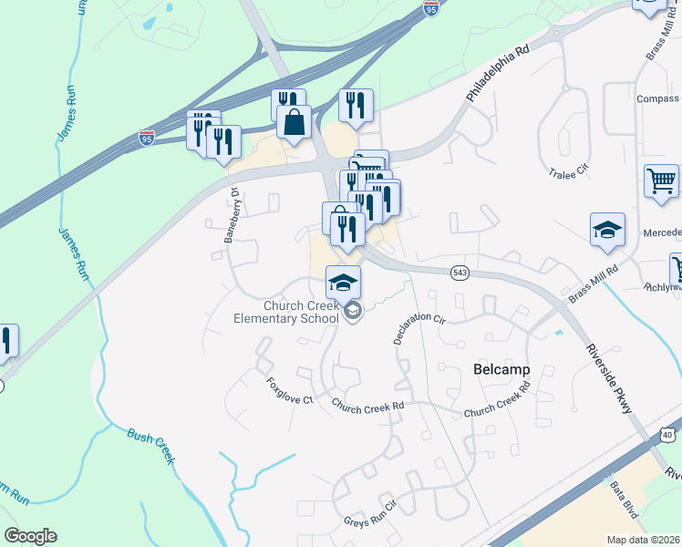 map of restaurants, bars, coffee shops, grocery stores, and more near 1322 Policy Drive in Belcamp
