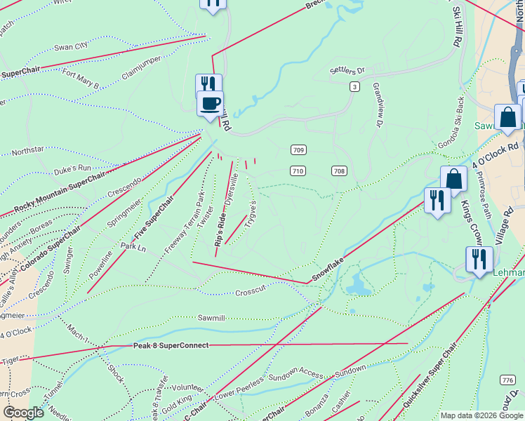map of restaurants, bars, coffee shops, grocery stores, and more near 446 Timbertrail Road in Breckenridge