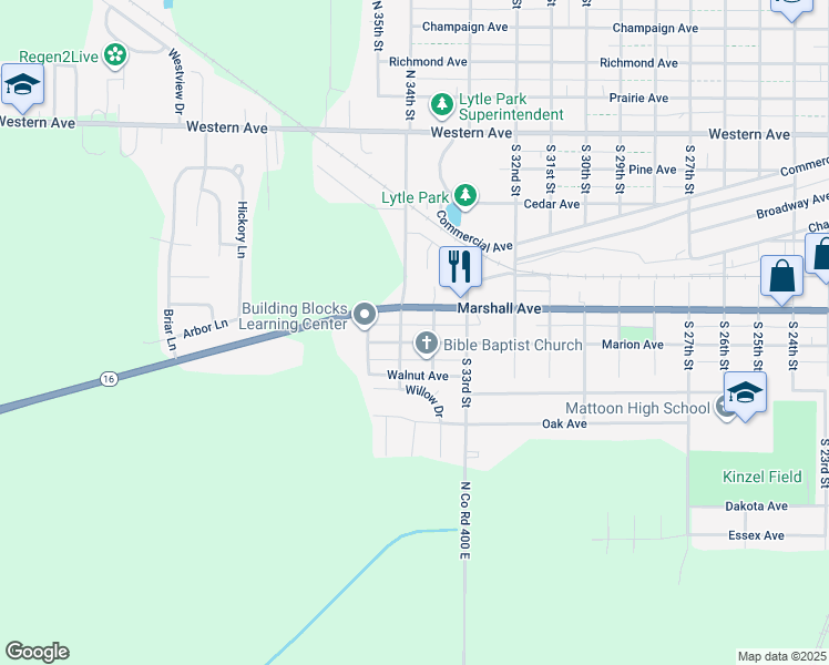 map of restaurants, bars, coffee shops, grocery stores, and more near 608-614 South 35th Street in Mattoon