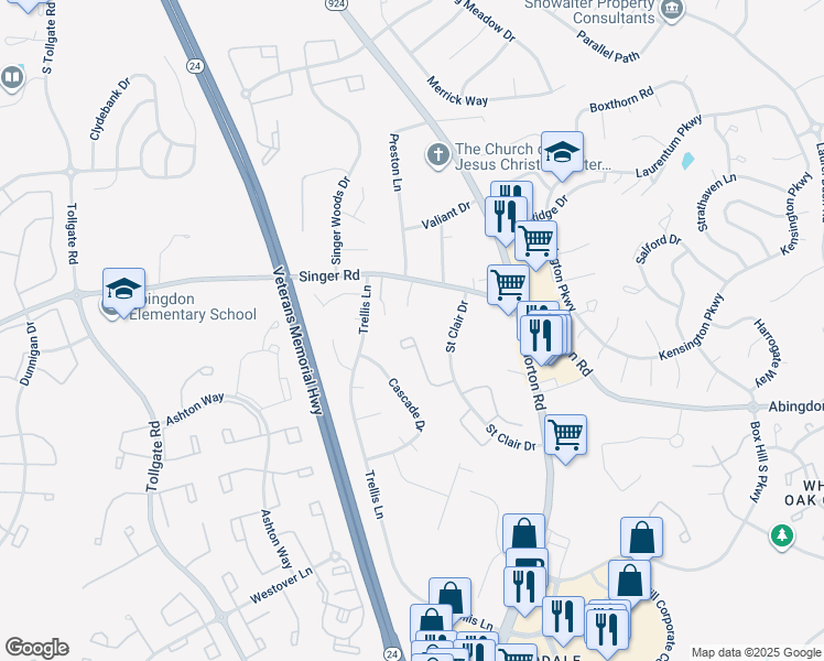 map of restaurants, bars, coffee shops, grocery stores, and more near 3020 Benefit Court in Abingdon