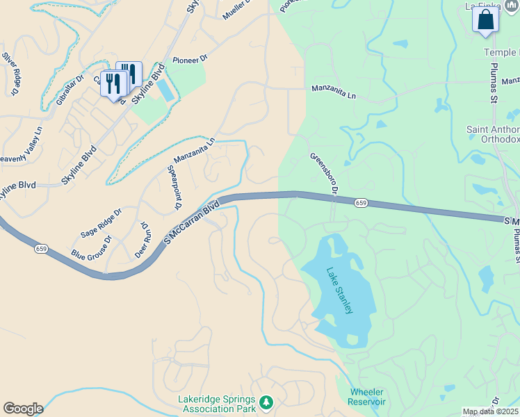 map of restaurants, bars, coffee shops, grocery stores, and more near 2565 West Lake Ridge Shores in Reno