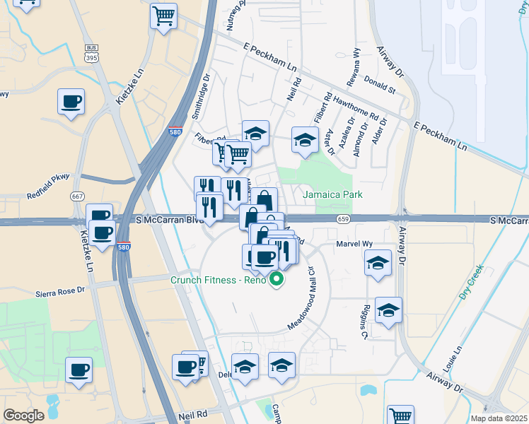 map of restaurants, bars, coffee shops, grocery stores, and more near 690 Jamaica Avenue in Reno