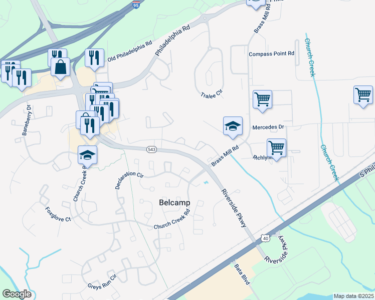 map of restaurants, bars, coffee shops, grocery stores, and more near 4507 Perkins Place in Belcamp