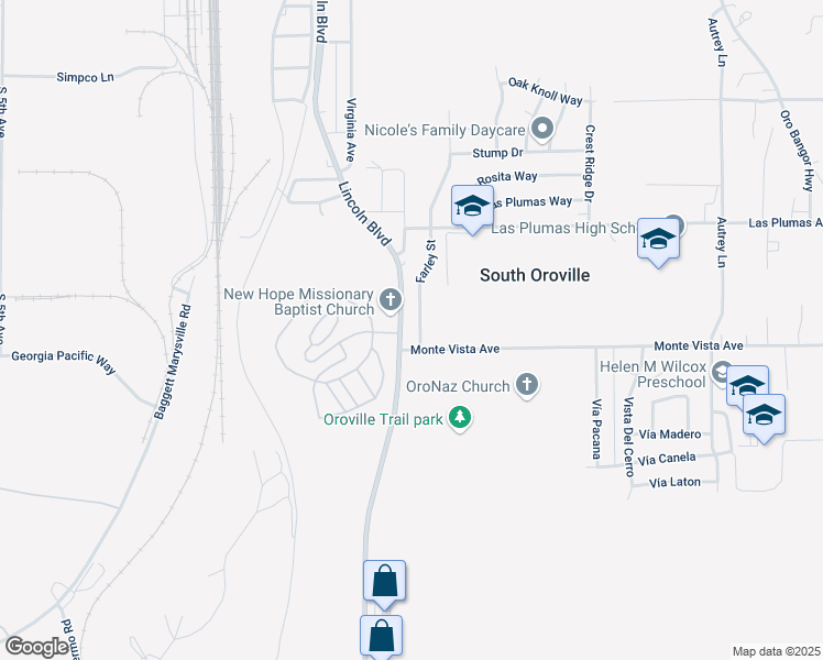 map of restaurants, bars, coffee shops, grocery stores, and more near 2125 Monte Vista Avenue in Oroville