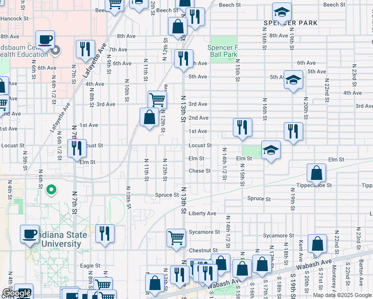 map of restaurants, bars, coffee shops, grocery stores, and more near in Terre Haute