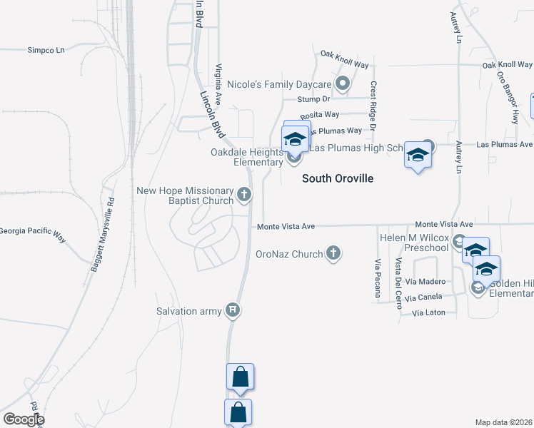 map of restaurants, bars, coffee shops, grocery stores, and more near 5685 Farley Street in Oroville