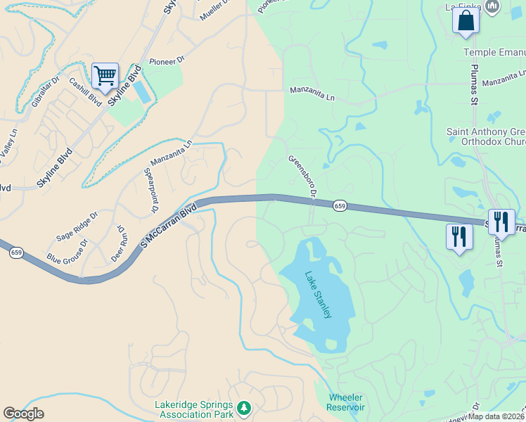 map of restaurants, bars, coffee shops, grocery stores, and more near 2525 West Lake Ridge Shores in Reno