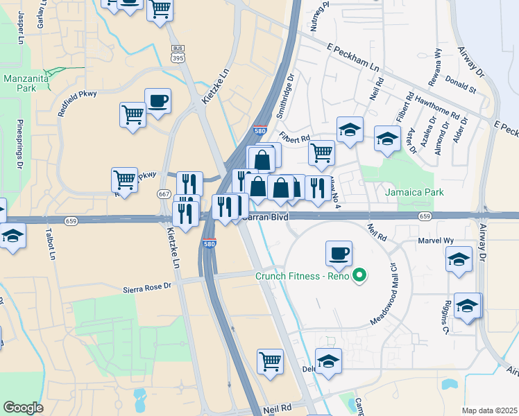 map of restaurants, bars, coffee shops, grocery stores, and more near 5261-5299 South McCarran Boulevard in Reno