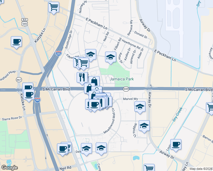 map of restaurants, bars, coffee shops, grocery stores, and more near 800 Alley No 4 in Reno