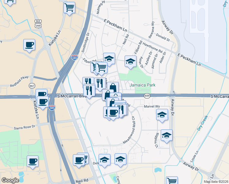 map of restaurants, bars, coffee shops, grocery stores, and more near 690 Jamaica Avenue in Reno