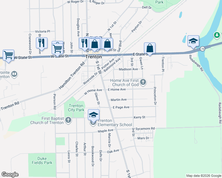 map of restaurants, bars, coffee shops, grocery stores, and more near 201 East Home Avenue in Trenton
