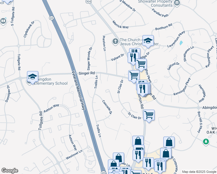 map of restaurants, bars, coffee shops, grocery stores, and more near 3022 Benefit Court in Abingdon