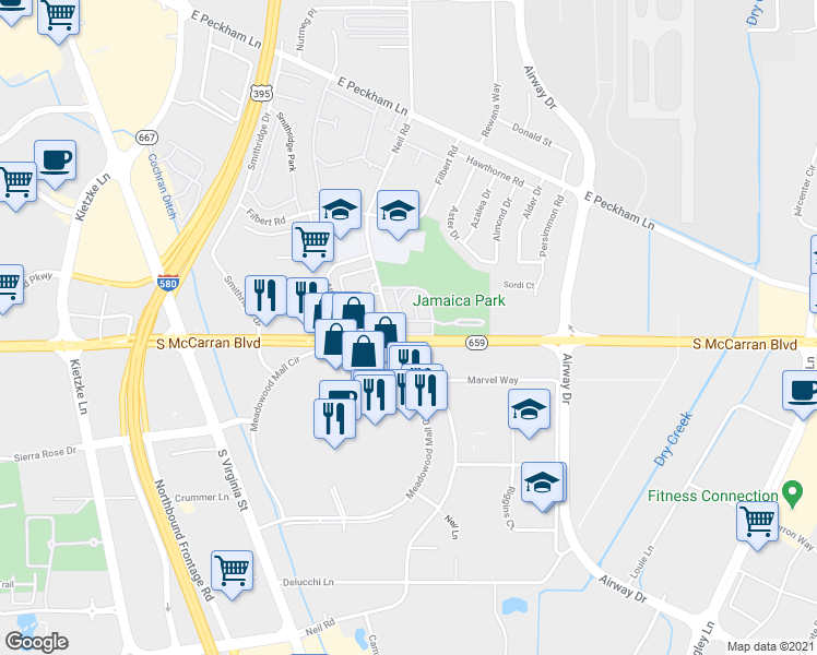 map of restaurants, bars, coffee shops, grocery stores, and more near 800 Alley No 4 in Reno