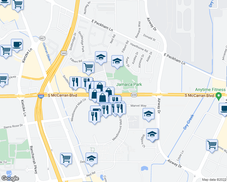 map of restaurants, bars, coffee shops, grocery stores, and more near 800 Alley No 4 in Reno