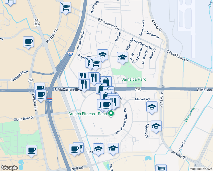 map of restaurants, bars, coffee shops, grocery stores, and more near 690 Jamaica Avenue in Reno