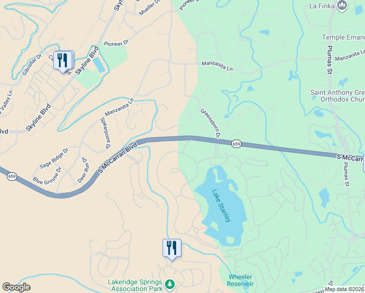map of restaurants, bars, coffee shops, grocery stores, and more near 2525 West Lake Ridge Shores in Reno