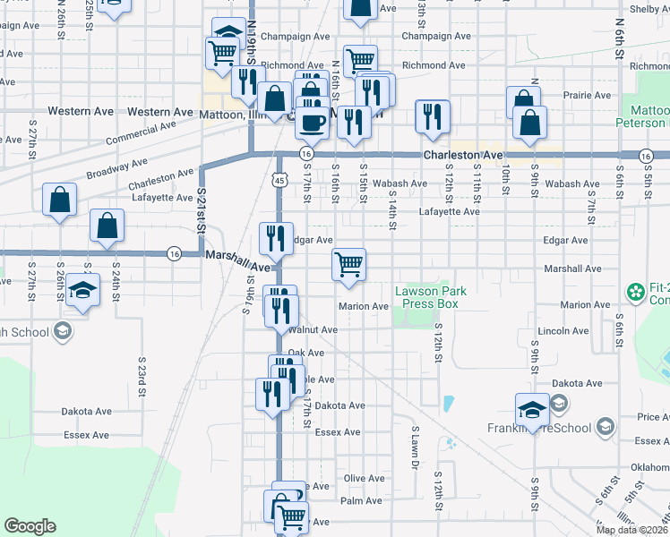 map of restaurants, bars, coffee shops, grocery stores, and more near 601 South 16th Street in Mattoon