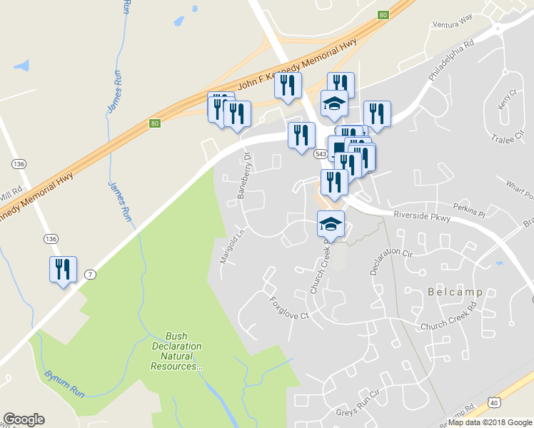 map of restaurants, bars, coffee shops, grocery stores, and more near 1460 Prim Rose Place in Belcamp