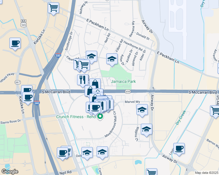 map of restaurants, bars, coffee shops, grocery stores, and more near 840 Jamaica Avenue in Reno