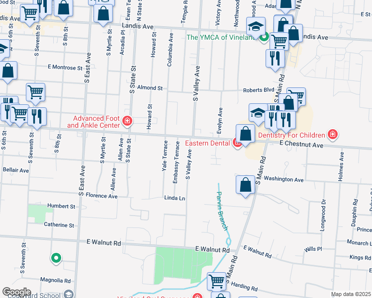 map of restaurants, bars, coffee shops, grocery stores, and more near 704 South Valley Avenue in Vineland