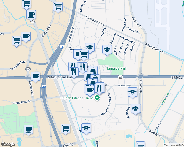 map of restaurants, bars, coffee shops, grocery stores, and more near 670 Jamaica Avenue in Reno