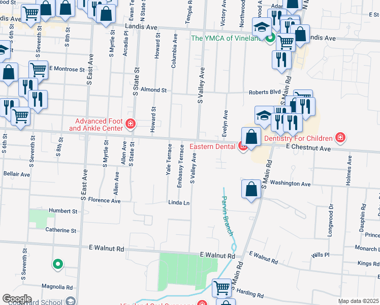 map of restaurants, bars, coffee shops, grocery stores, and more near 704 South Valley Avenue in Vineland