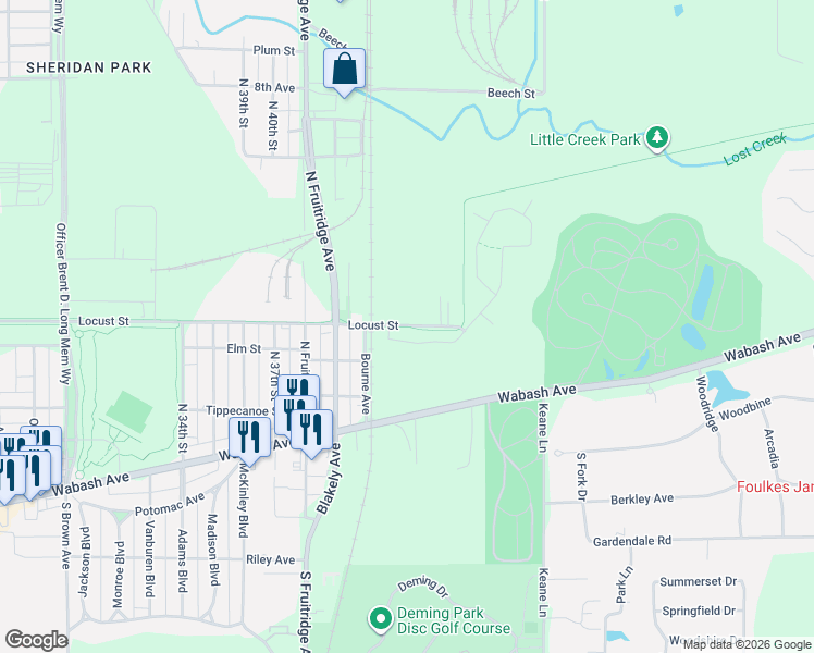 map of restaurants, bars, coffee shops, grocery stores, and more near 4109 Locust Street in Terre Haute