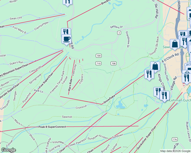 map of restaurants, bars, coffee shops, grocery stores, and more near 247 Timberwolf Trail in Silverthorne