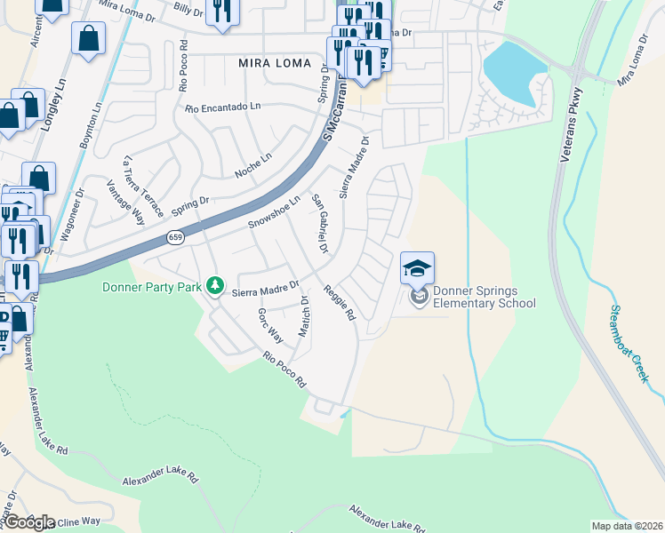 map of restaurants, bars, coffee shops, grocery stores, and more near 4360 Sierra Madre Drive in Reno