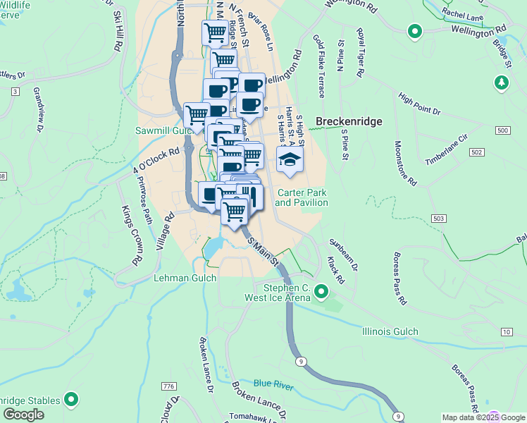 map of restaurants, bars, coffee shops, grocery stores, and more near in Breckenridge
