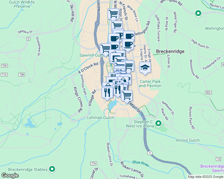 map of restaurants, bars, coffee shops, grocery stores, and more near 600 Colorado 9 in Breckenridge