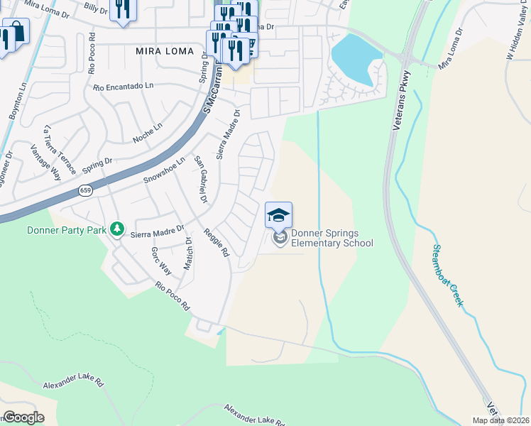 map of restaurants, bars, coffee shops, grocery stores, and more near 4929 Hombre Way in Reno