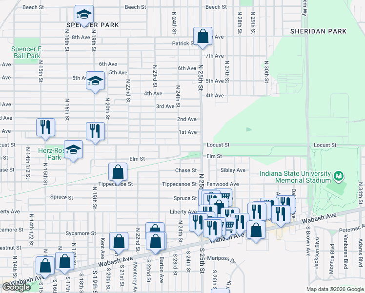 map of restaurants, bars, coffee shops, grocery stores, and more near 2324 Elm Street in Terre Haute