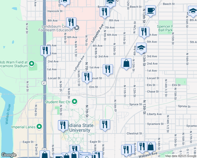 map of restaurants, bars, coffee shops, grocery stores, and more near 801-899 N 8th St in Terre Haute