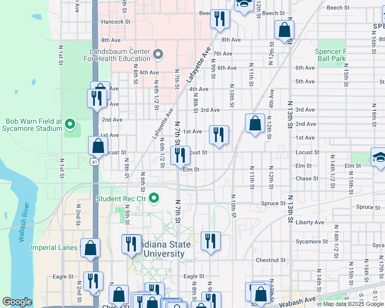 map of restaurants, bars, coffee shops, grocery stores, and more near 821 North 7th Street in Terre Haute