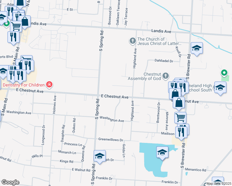 map of restaurants, bars, coffee shops, grocery stores, and more near 2140 East Chestnut Avenue in Vineland