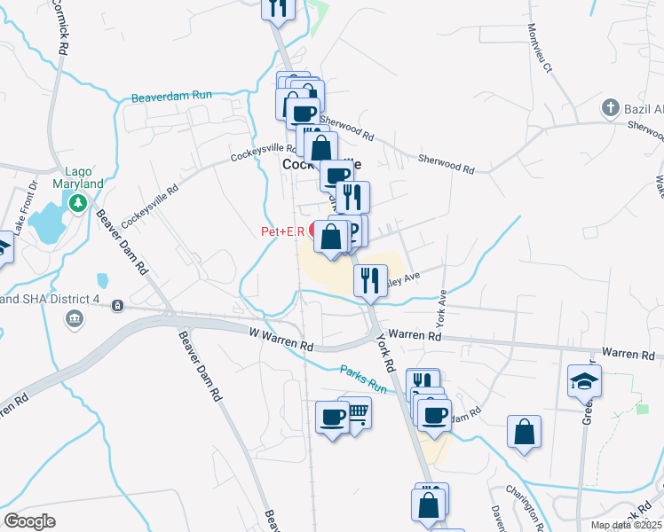 map of restaurants, bars, coffee shops, grocery stores, and more near 10540 York Road in Cockeysville