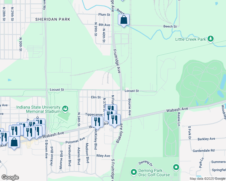 map of restaurants, bars, coffee shops, grocery stores, and more near 299 North Fruitridge Avenue in Terre Haute