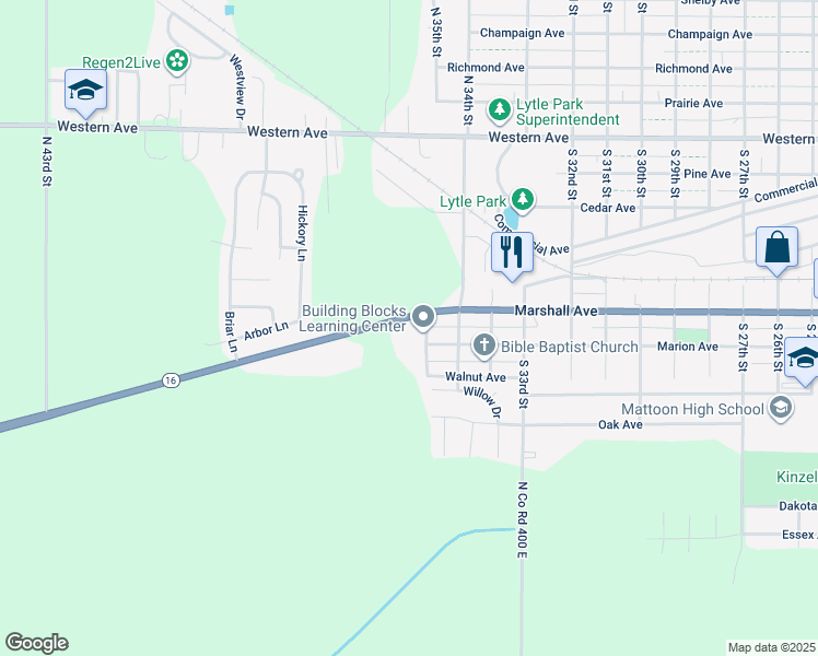 map of restaurants, bars, coffee shops, grocery stores, and more near 761-899 South 36th Street in Mattoon