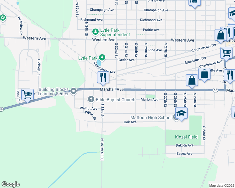 map of restaurants, bars, coffee shops, grocery stores, and more near 3201 Marshall Avenue in Mattoon