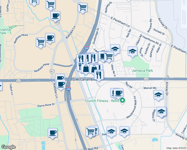 map of restaurants, bars, coffee shops, grocery stores, and more near 5000 Smithridge Drive in Reno