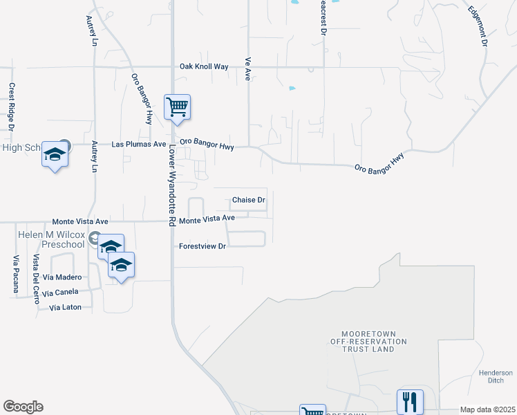 map of restaurants, bars, coffee shops, grocery stores, and more near 2658 Brougham Drive in Oroville