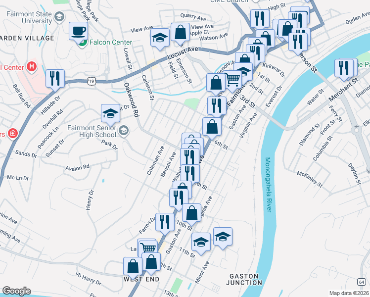 map of restaurants, bars, coffee shops, grocery stores, and more near 604 7th Street in Fairmont