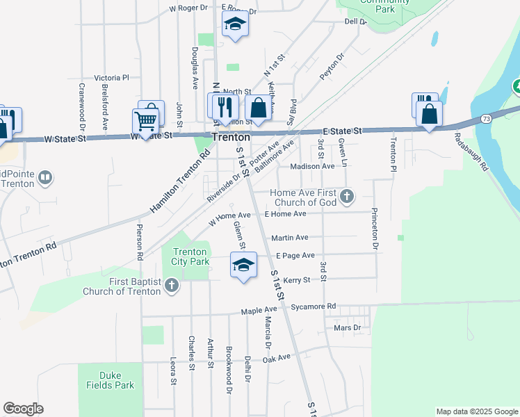 map of restaurants, bars, coffee shops, grocery stores, and more near 403 South 1st Street in Trenton